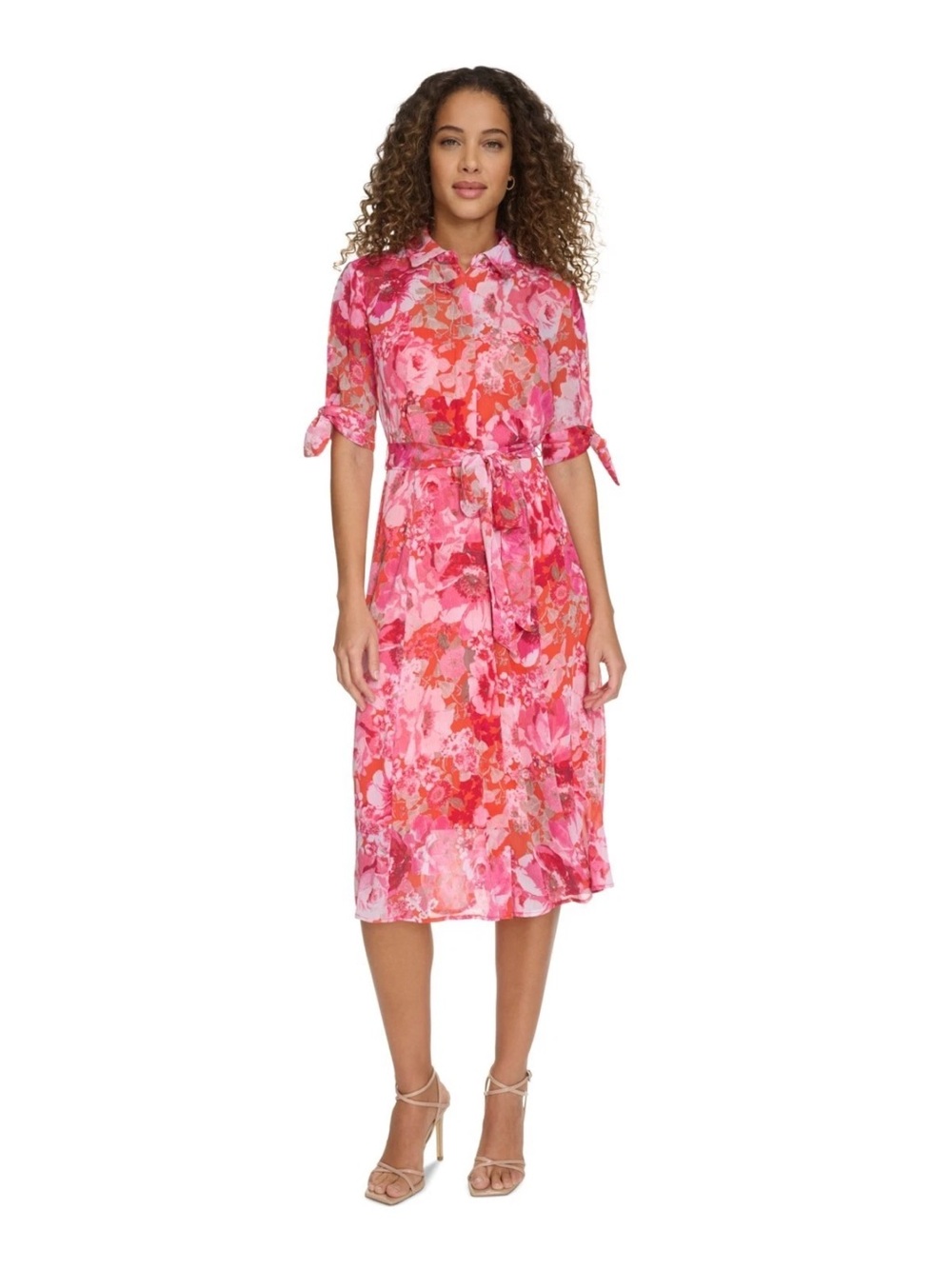 Calvin Klein Pink & Red Floral Chiffon Tie-Waist Midi Dress Size 14 $50 Like new
